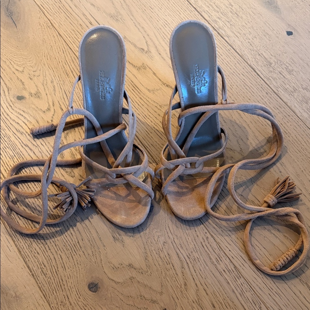 Hermes Tan Lace-Up Sandals